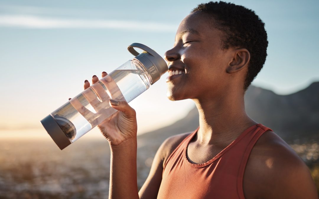 Water, relax and black woman training in nature, happy hiking and fitness progress in Taiwan. Hydra