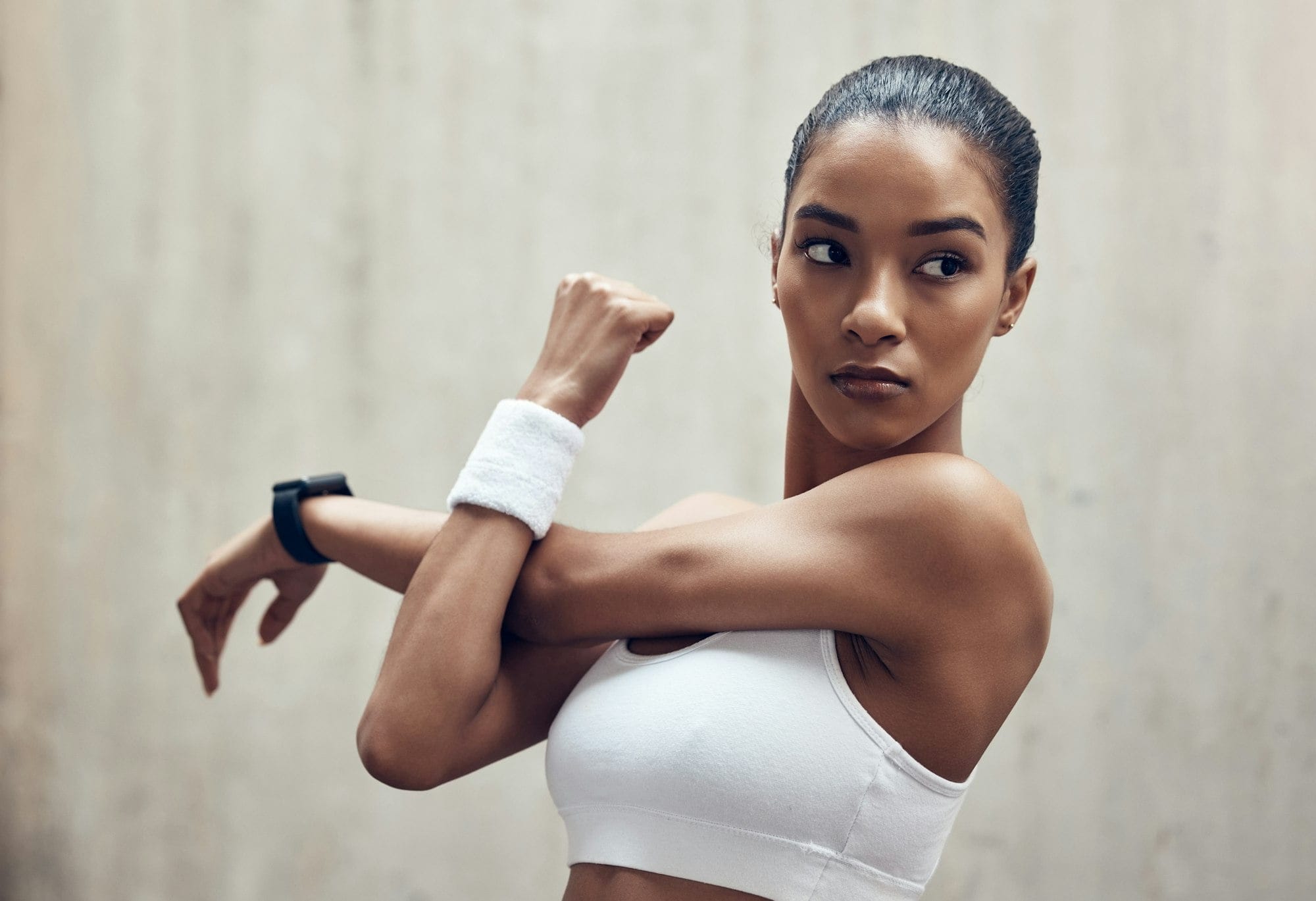 Exercise, black woman athlete and stretching for fitness, wellness and health doing training, focus