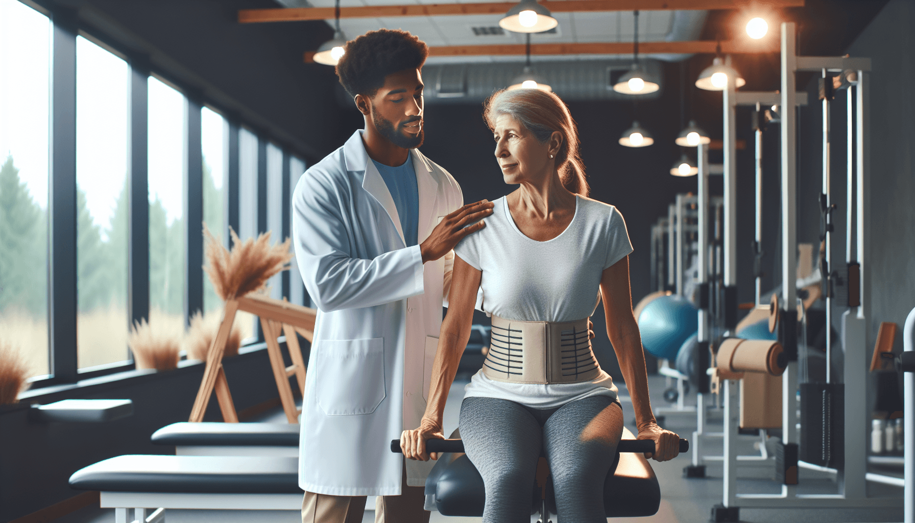 a man in a white coat and a white lab coat standing next to a woman in a gym